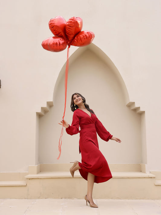 Red Satin Long Sleeve Maxi Dress