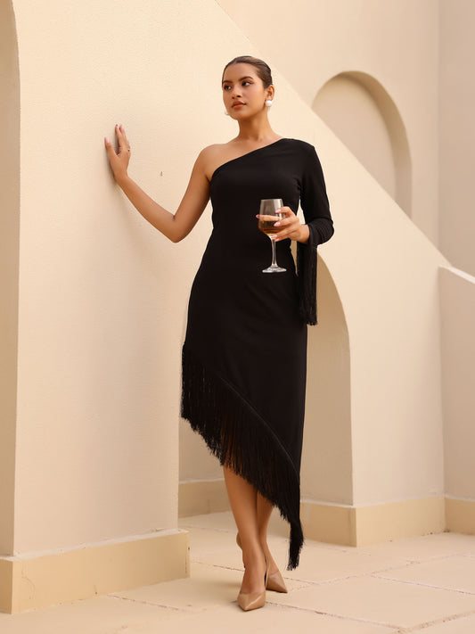 Black Aventador Fringed One-Shoulder Midi Dress