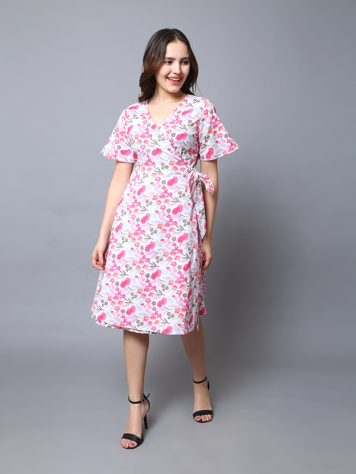 Floral Print Cotton WRAP Dress-Multicolor