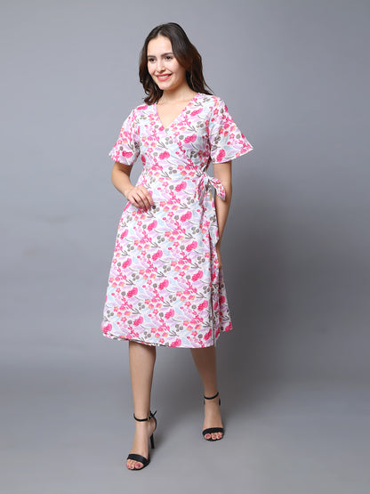 Floral Print Cotton WRAP Dress-Multicolor