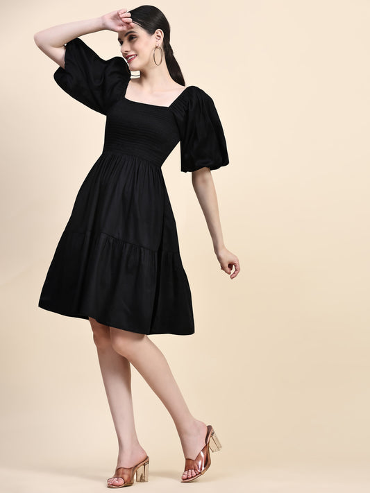 Black Puff Sleeves Smoking Dress