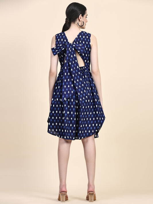 Navy Printed Back Bow Tie Up Flared Dress