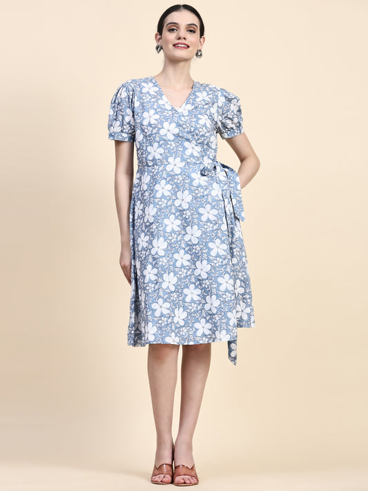 Blue Printed Wrap Around Dress